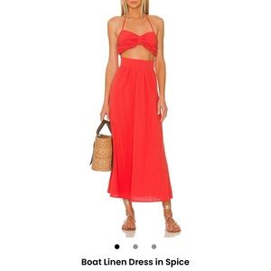 Red coral SNDYS Halter cut out short dress revolve boat linen spice